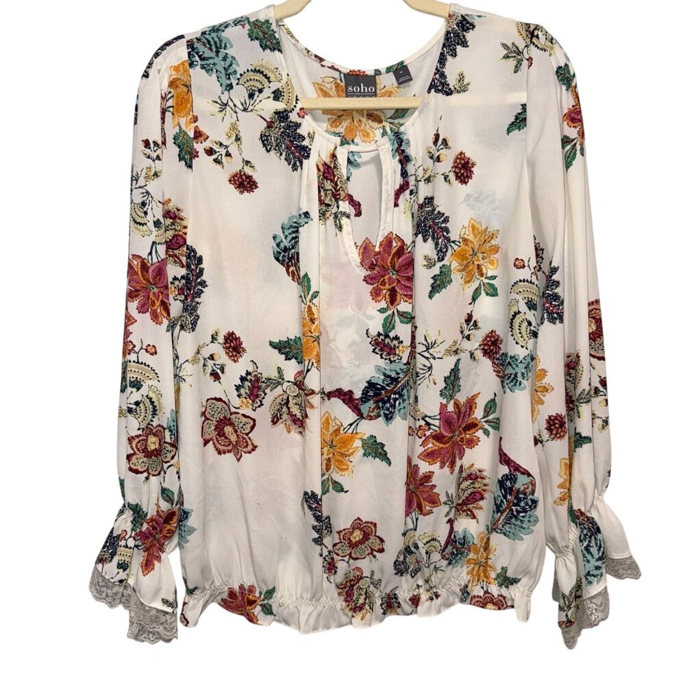 Soho New York & Co Womens Floral Long Sleeve Blouse With Lace Cuff Detail Size M